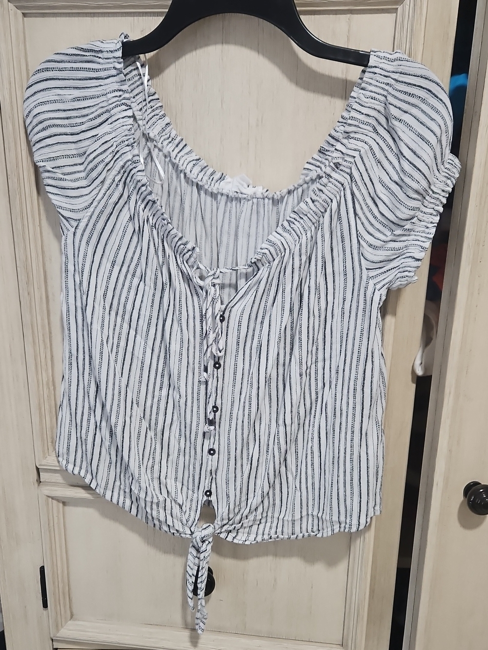 Hippie Rose White & Black Striped Tie-Front Peasant Top